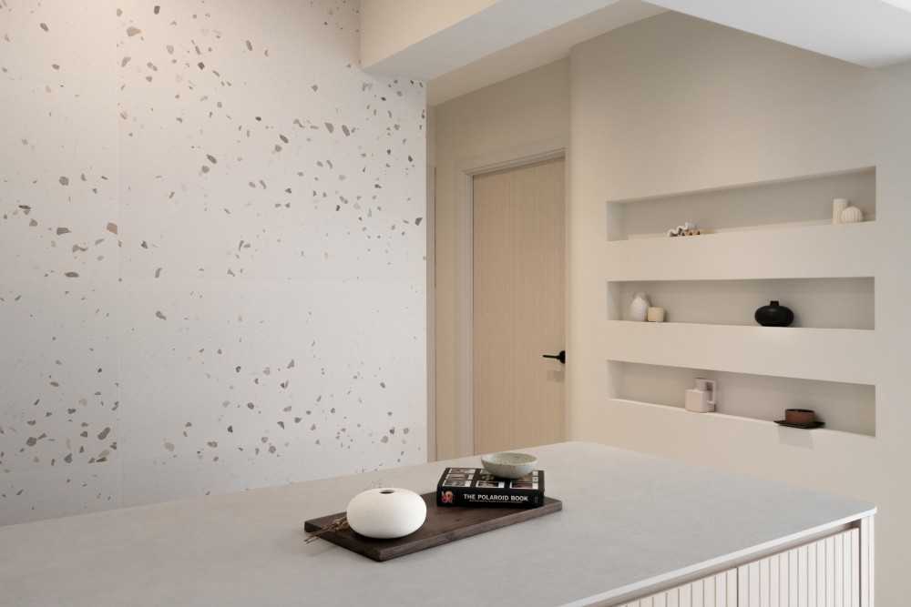 Scandinavian Living Room with Countertop and Feature Wall