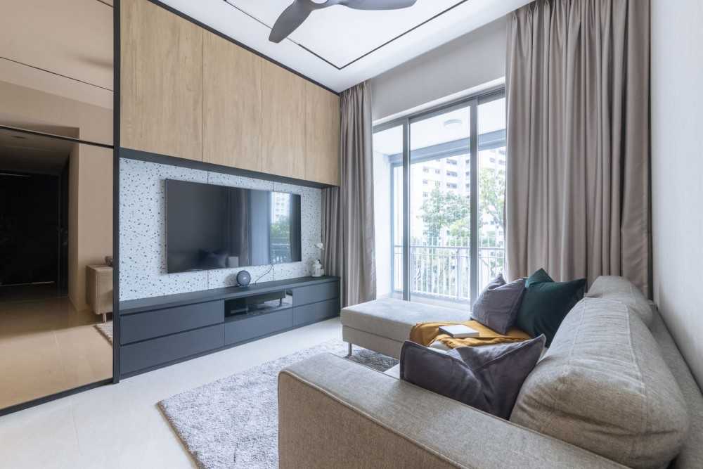 Contemporary Living Room with TV Console and Mirror