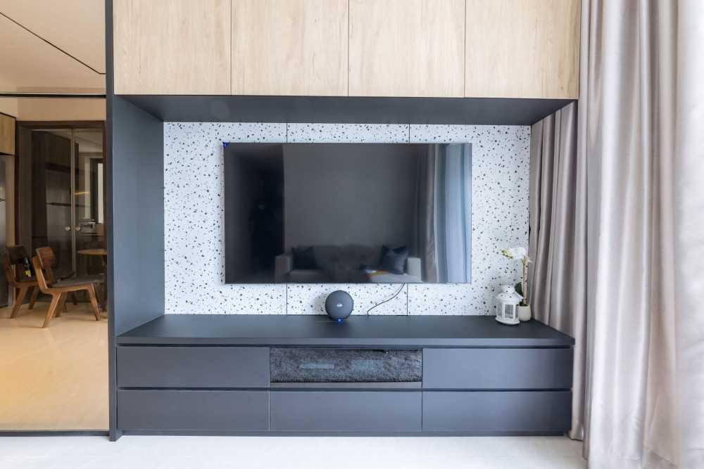 Contemporary Living Room with TV Console and Mirror