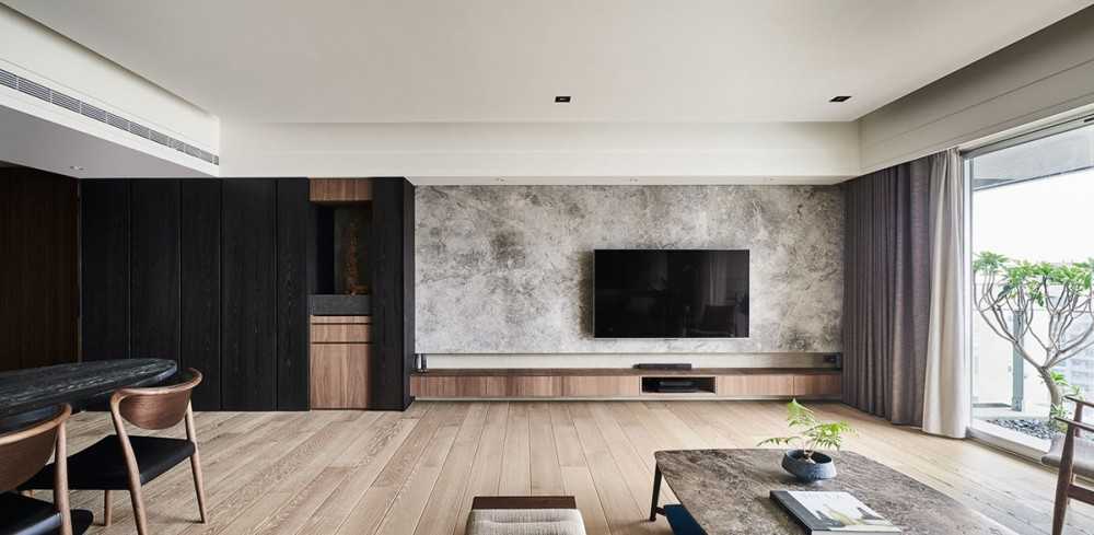 Contemporary Dining Room with Wood Flooring and TV Console