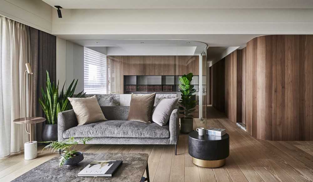 Contemporary Living Room with Wood Flooring and Feature Wall