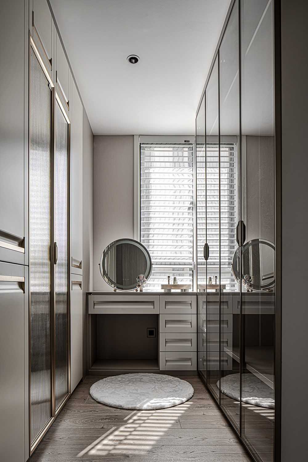 Contemporary Bedroom with Parquet Floor and Mirror