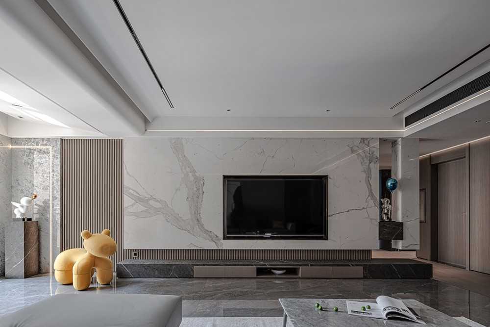 Contemporary Living Room with Homogeneous Tiles and TV Console