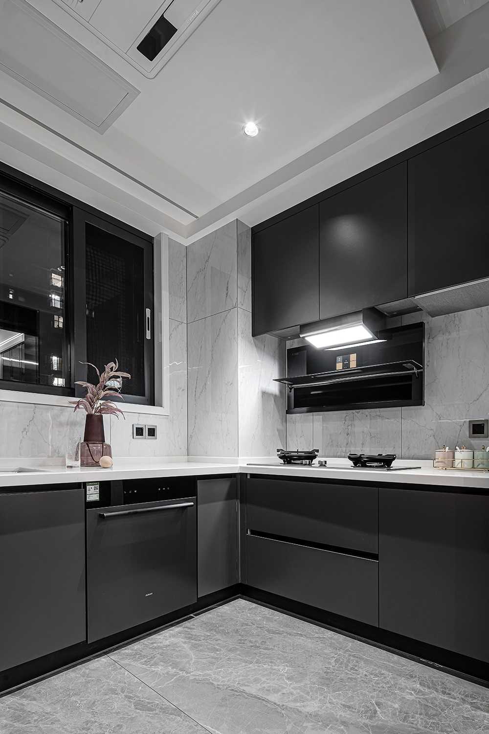 Contemporary Kitchen with Homogeneous Tiles and Kitchen Window