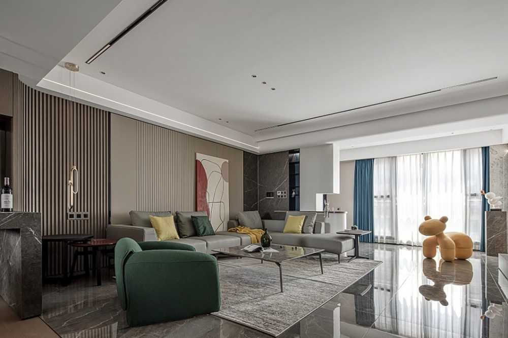 Contemporary Living Room with Homogeneous Tiles and Wood Flooring