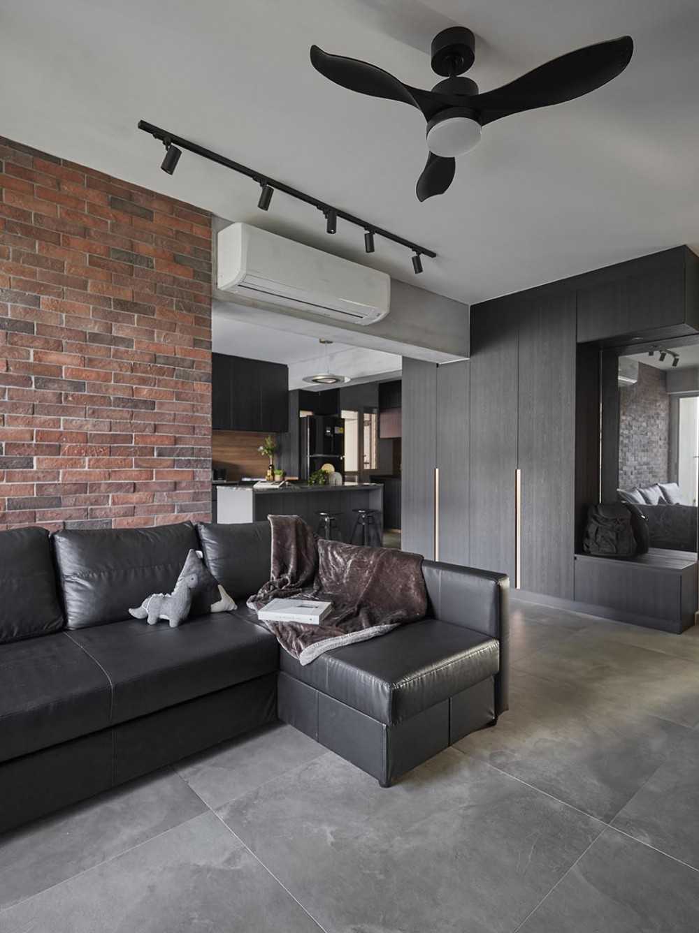 Industrial Living Room with Feature Wall and Mirror