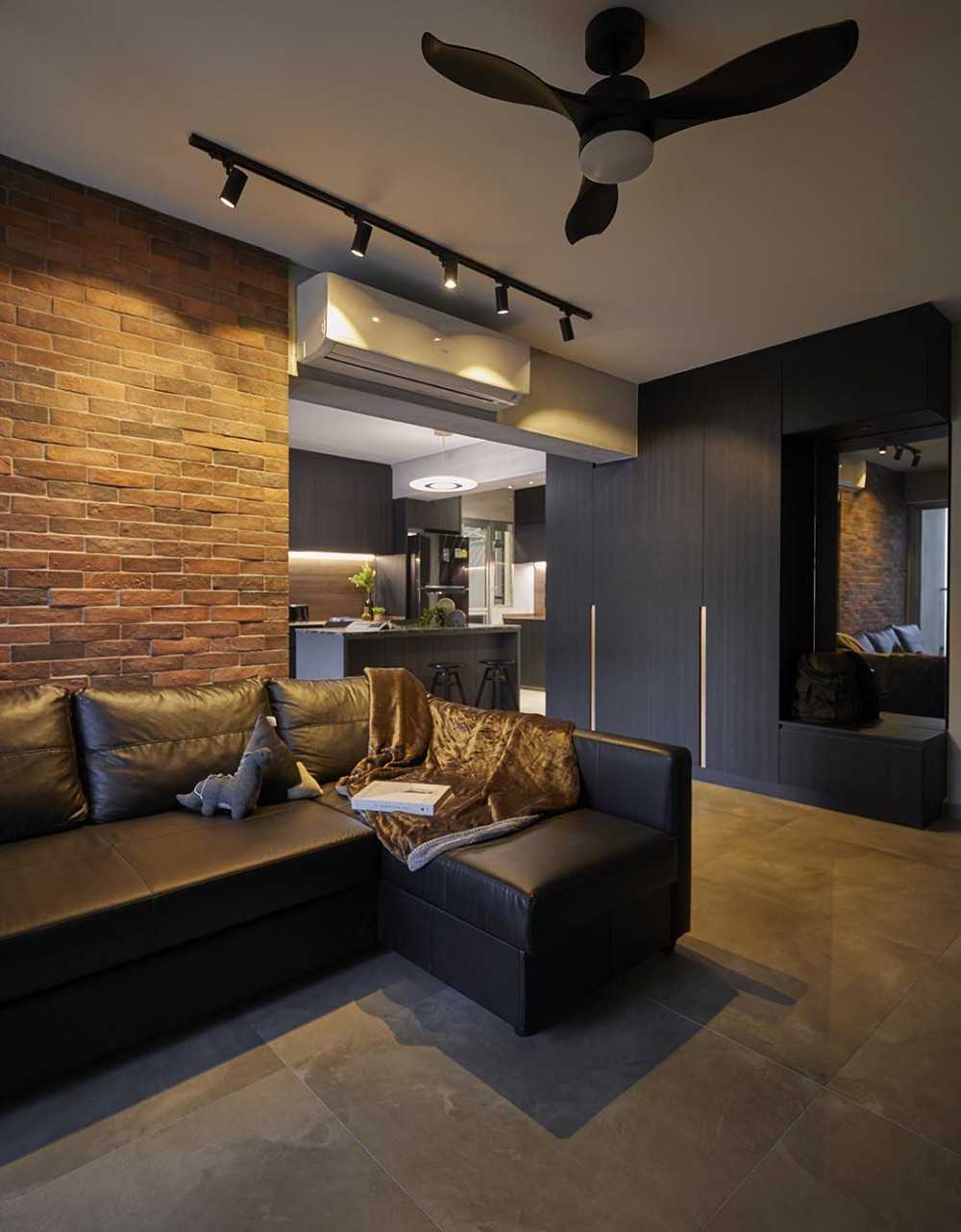 Industrial Living Room with Cement Floor and Feature Wall