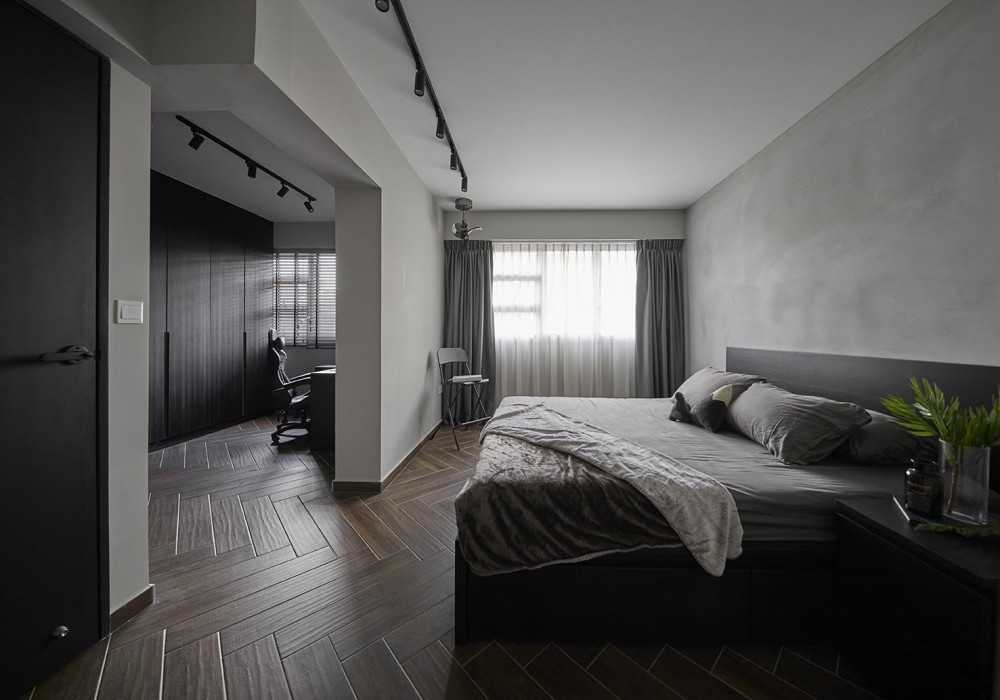 Industrial Bedroom with Ceiling Light and Curtain