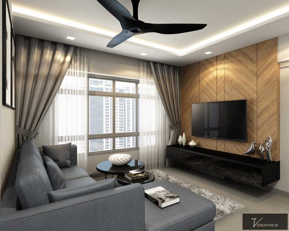 Modern Living Room with Homogeneous Tiles and TV Console