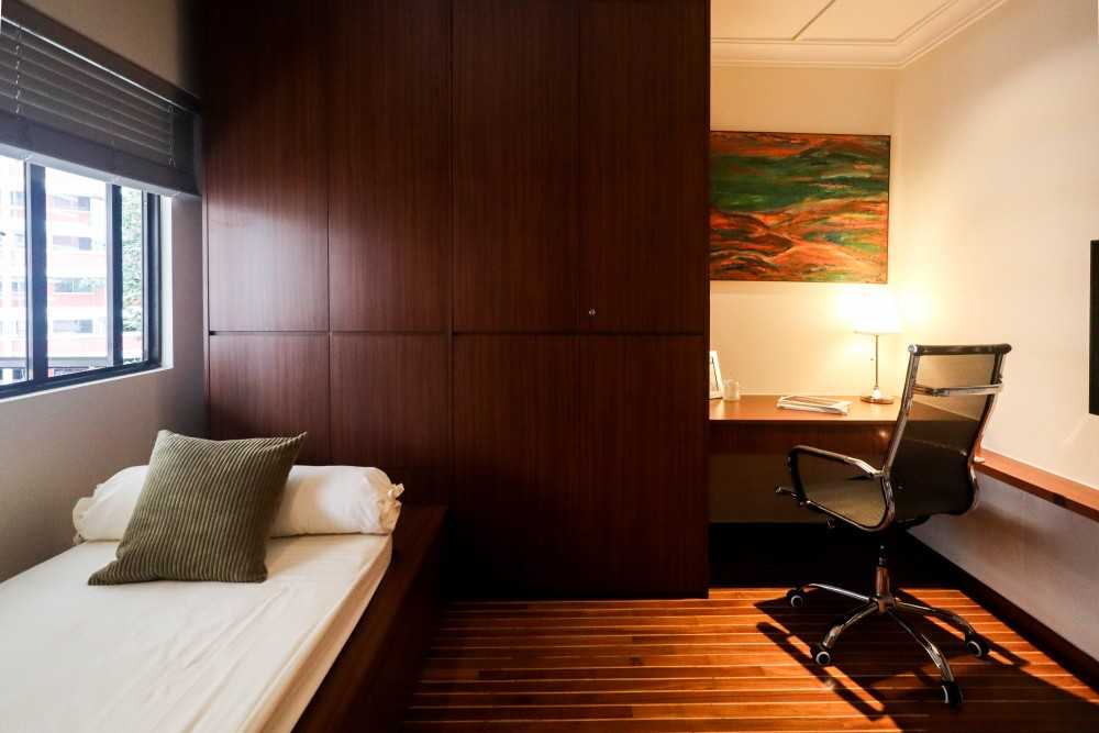 Eclectic Bedroom with Parquet Floor and Single Bed