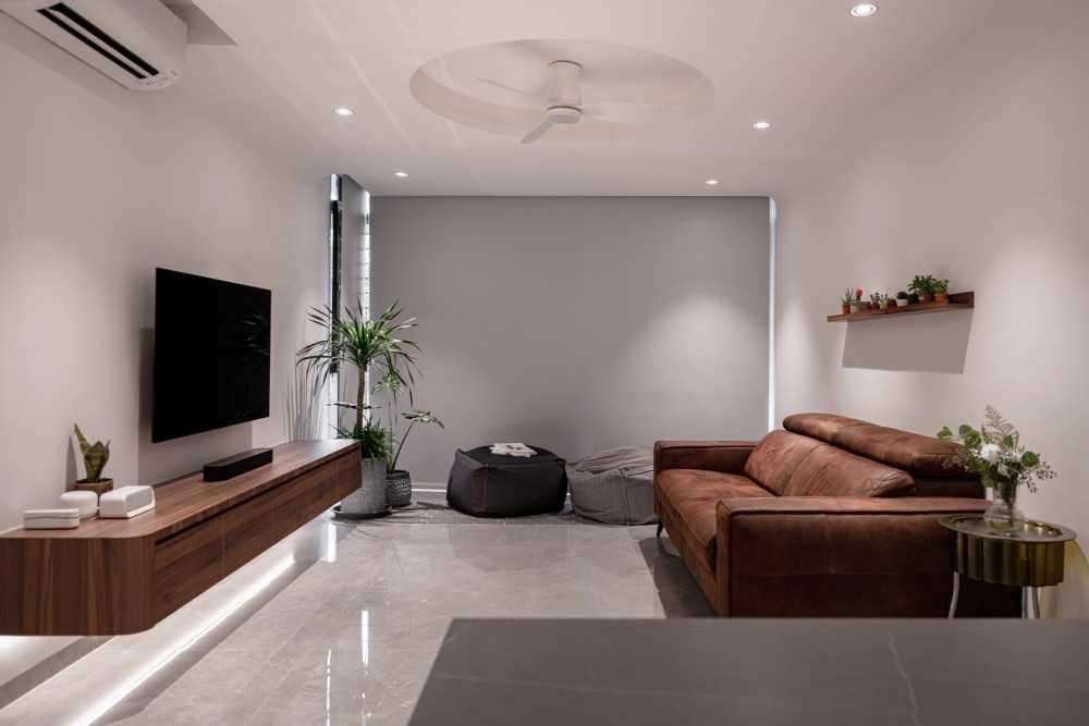 Modern Living Room with TV Console and Ceiling Fan