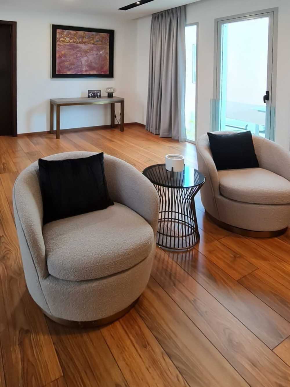 Scandinavian Living Room with Glass Door and Window Grille
