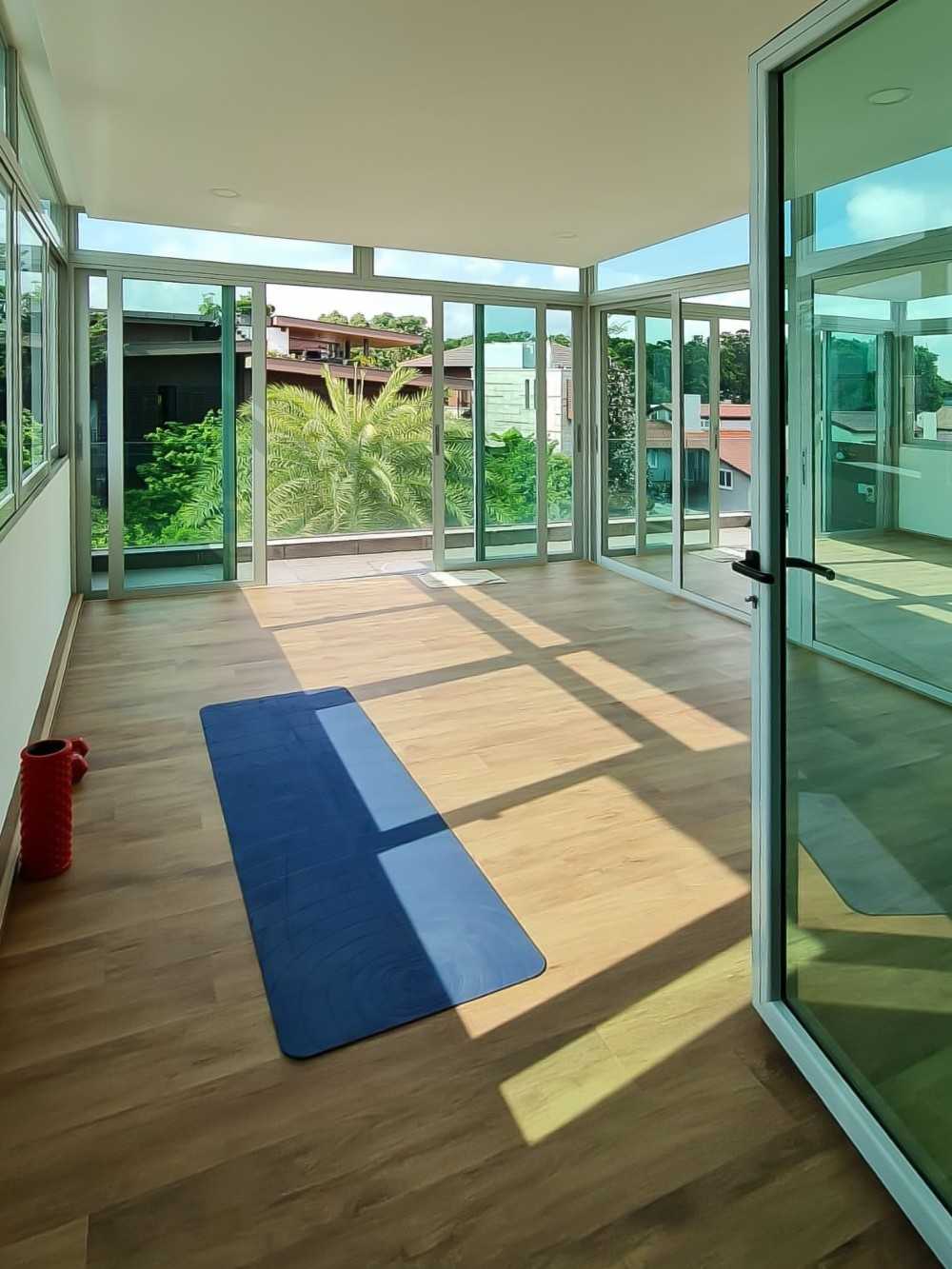 Scandinavian Home Gym with Glass Door and Window Grille