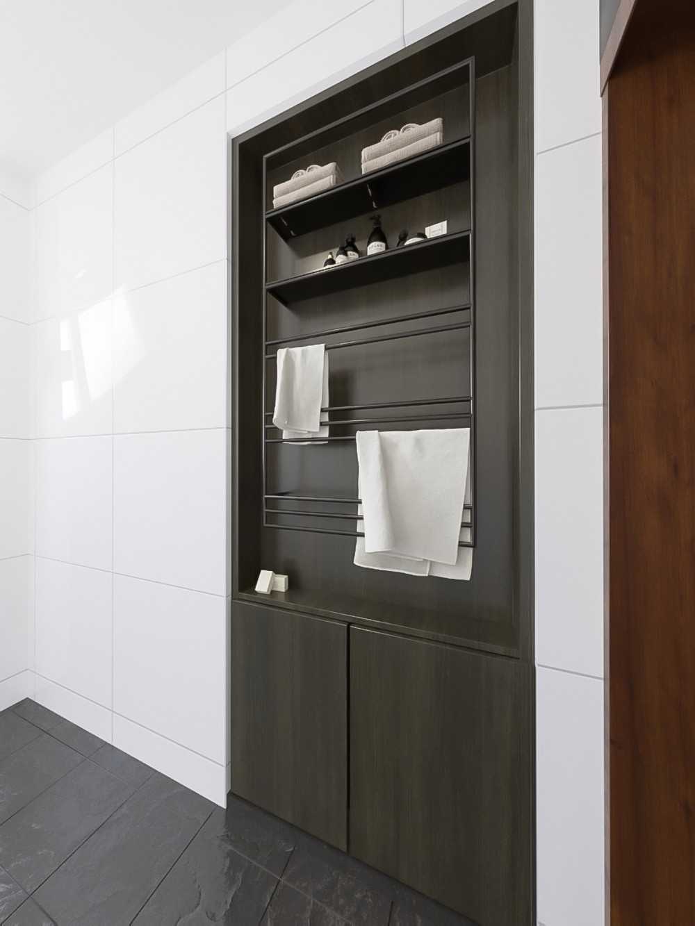 Scandinavian Bathroom with Feature Wall and Drying Racks