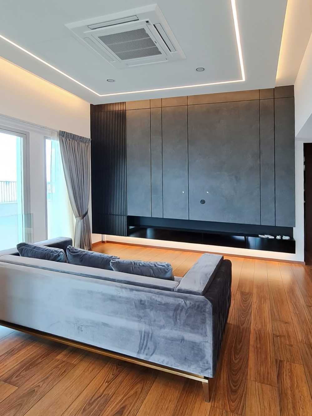 Scandinavian Living Room with TV Console and Window Grille