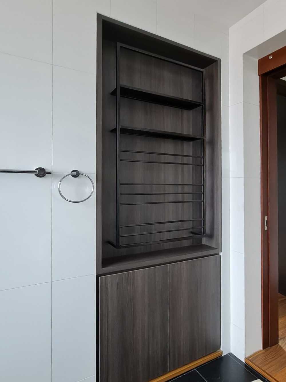 Scandinavian Bathroom with Drying Racks and Storage Cabinets