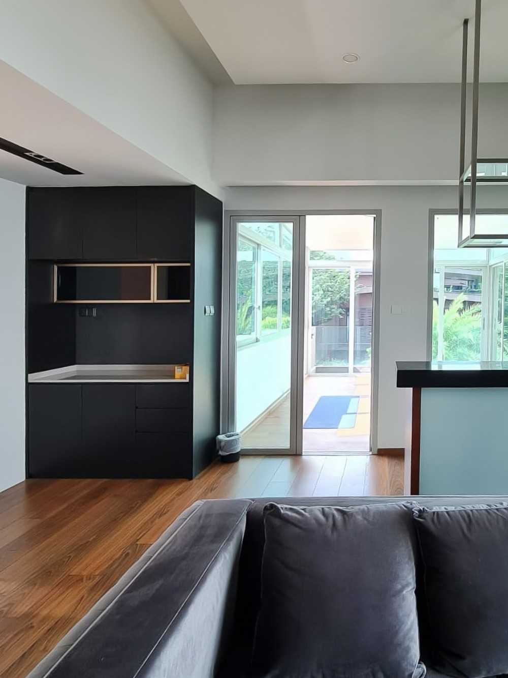 Scandinavian Dining Room with Countertop and Glass Door