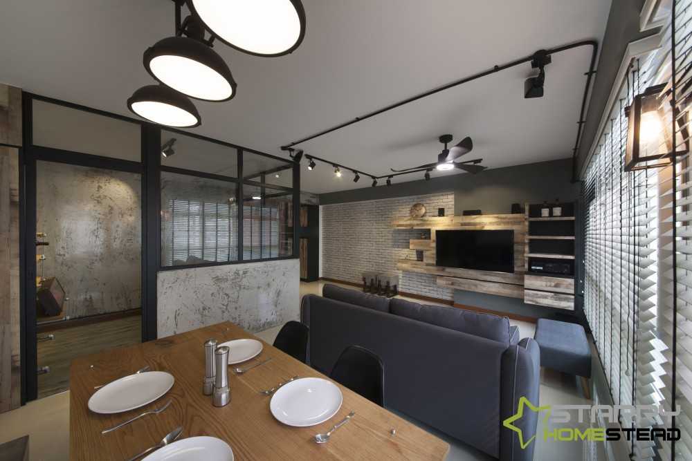 Industrial Living Room with TV Console and Feature Wall