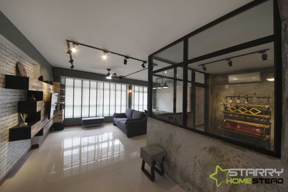 Industrial Living Room with Sofa and Display Cabinets