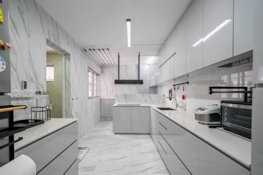 Modern Kitchen with Marble Floor and Kitchen Window