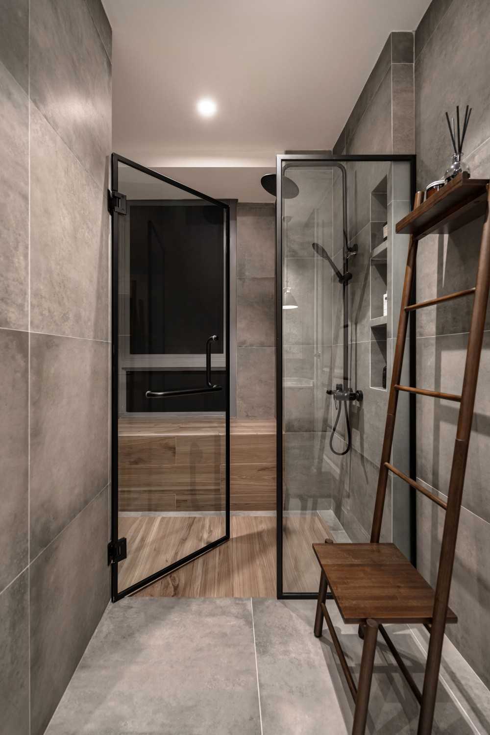Modern Bathroom with Glass Door and Window Seat