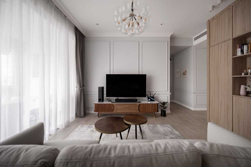 Modern Living Room with TV Console and Drop Light