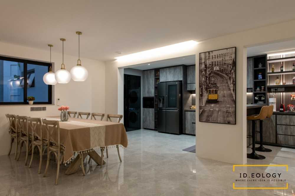 Contemporary Dining Room with Cove Lighting and Chandelier