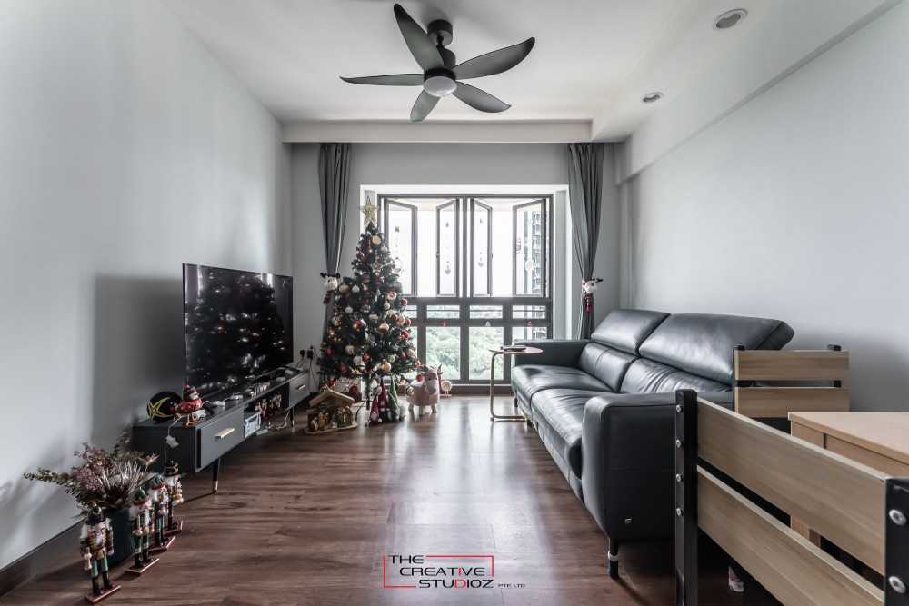 Scandinavian Living Room with Vinyl Flooring and TV Console