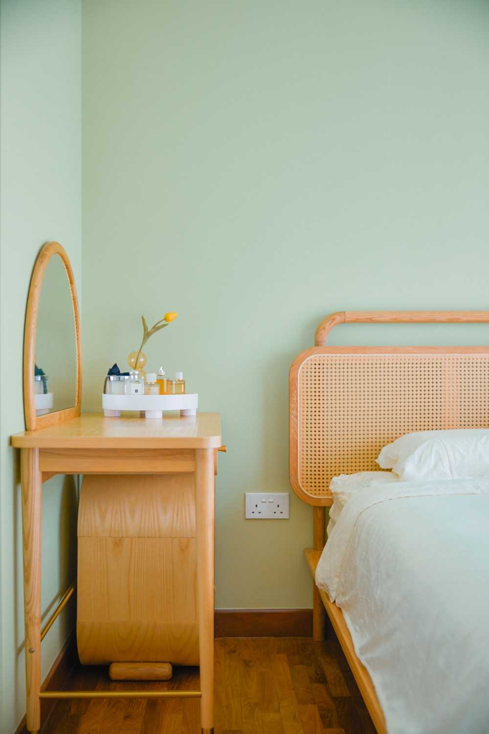 Eclectic Bedroom with Bedside Table and Bedroom Dresser