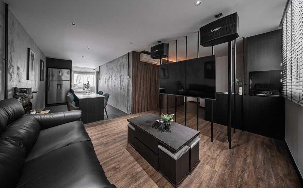 Contemporary Living Room with Ceiling Light and Dining Table