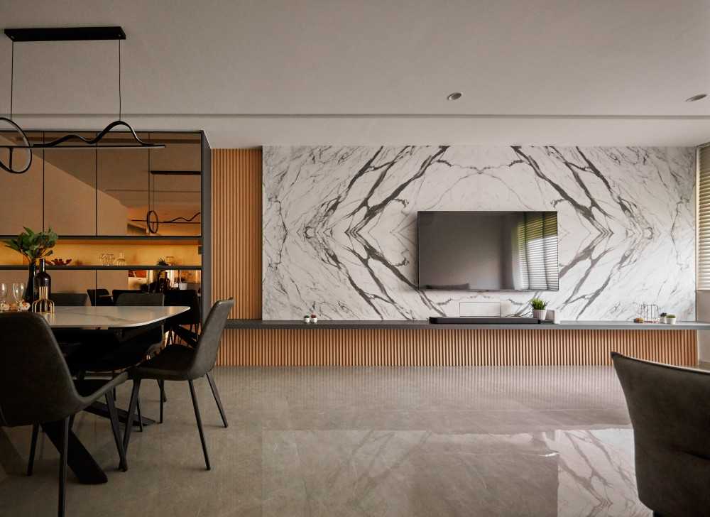 Contemporary Living Room with Marble Floor and TV Console