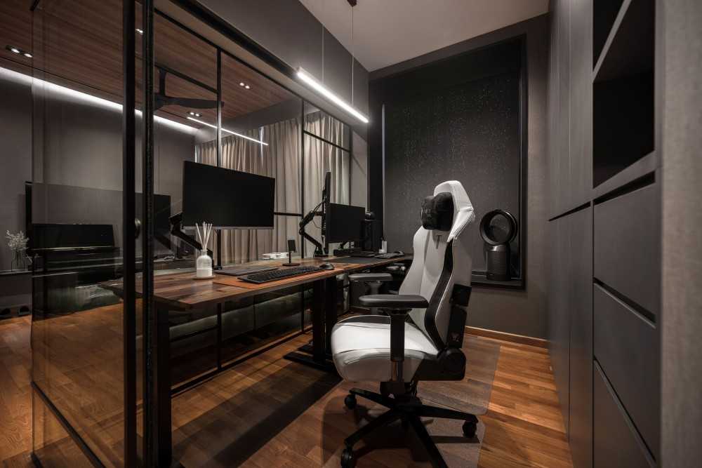 Modern Workstation with Glass Door and Desk Chairs