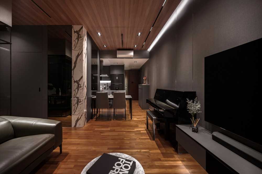 Modern Dining Room with Wood Flooring and Mirror