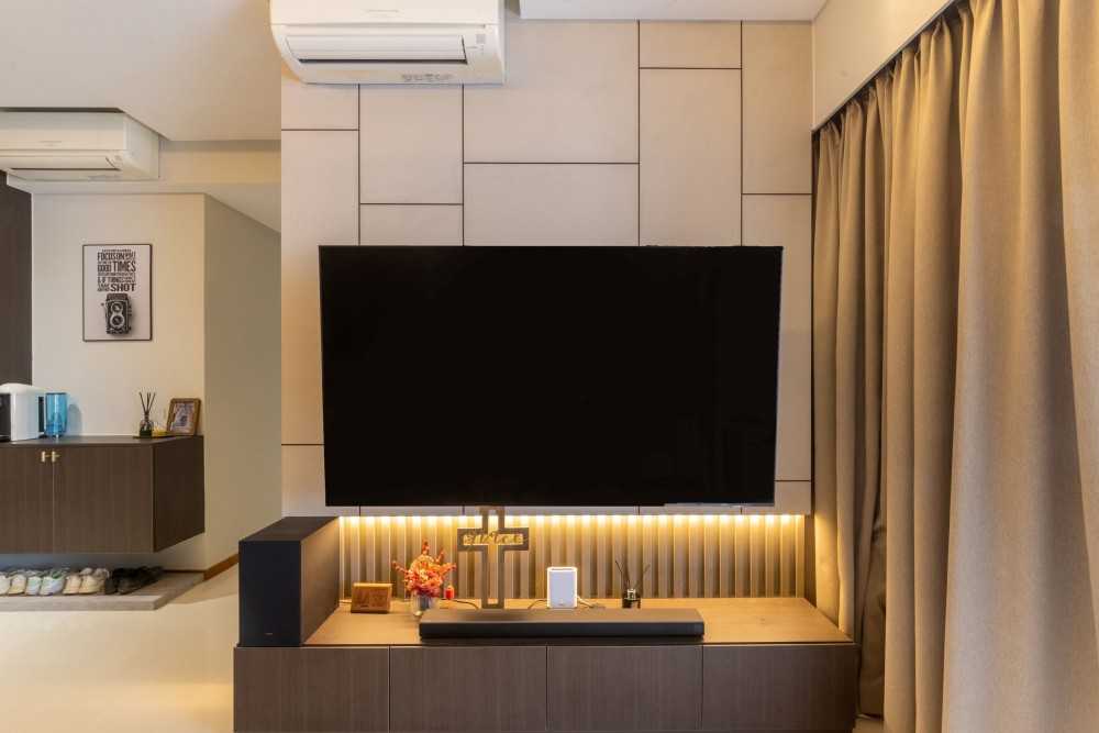Modern Living Room with TV Console and Curtain