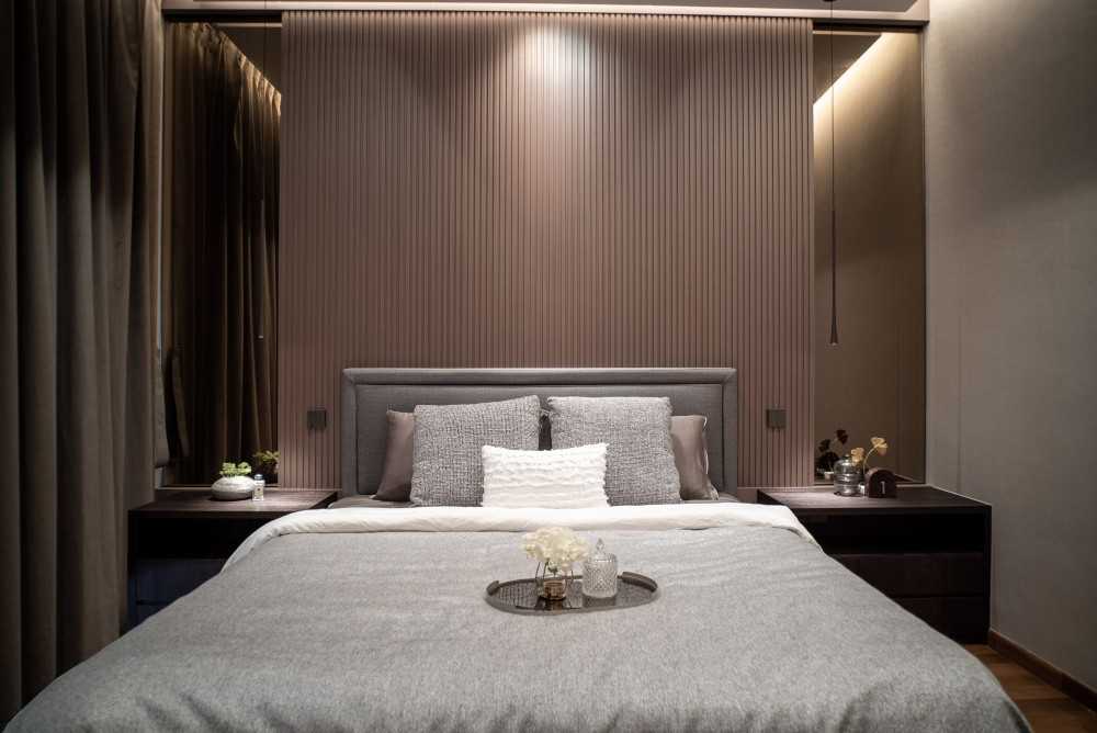 Contemporary Bedroom with Wood Flooring and Feature Wall