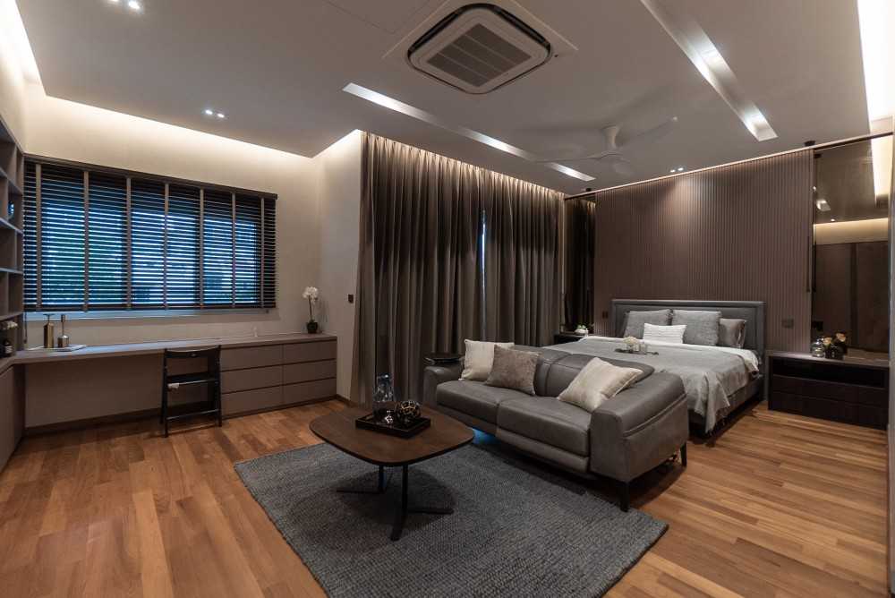 Contemporary Bedroom with Bookshelf and Wood Flooring