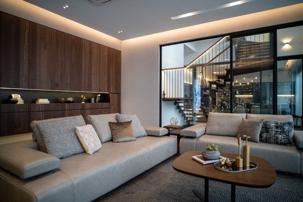 Contemporary Living Room with Marble Floor and Glass Door