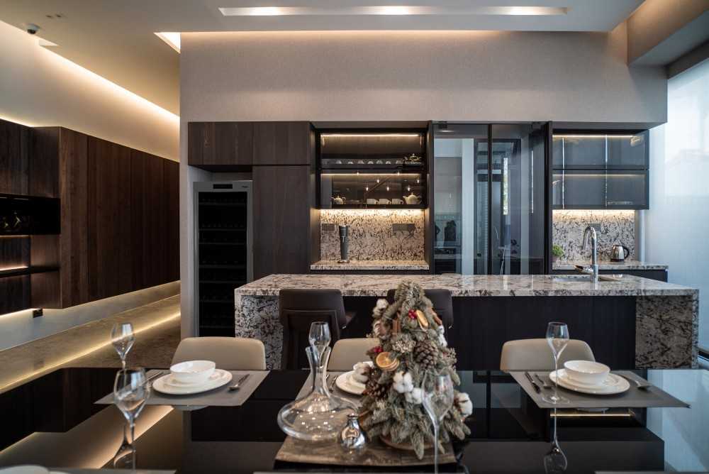 Contemporary Dining Room with Countertop and Bar Counter