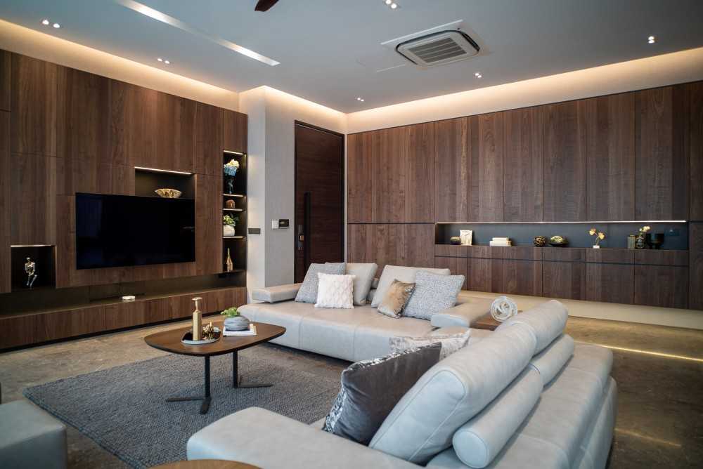 Contemporary Living Room with TV Console and Feature Wall