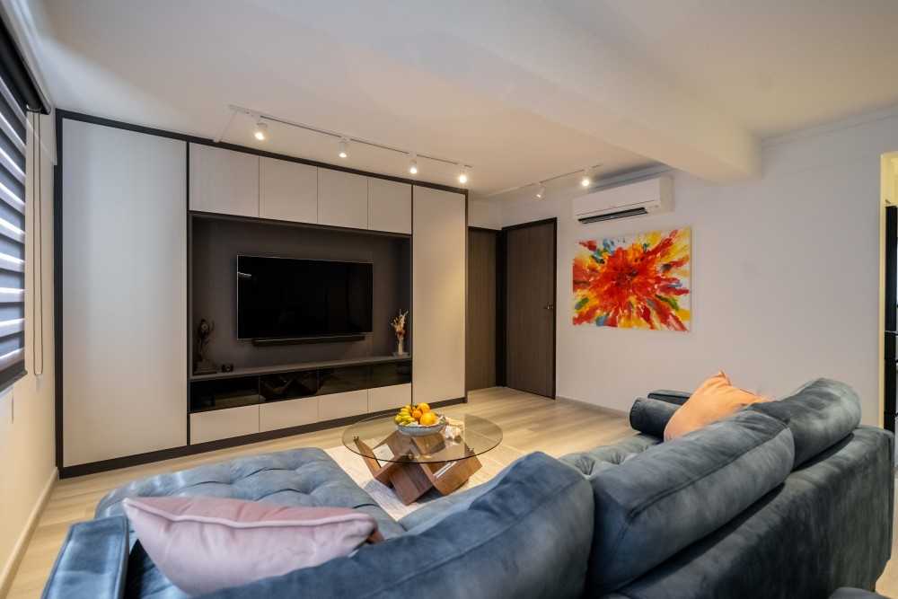 Modern Bedroom with Homogeneous Tiles and Wood Flooring