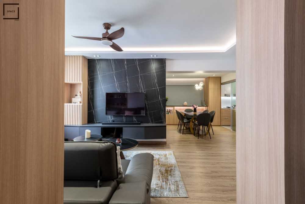 Contemporary Living Room with TV Console and Cove Lighting
