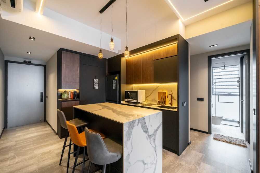 Modern Kitchen with Bookshelf and Kitchen Island