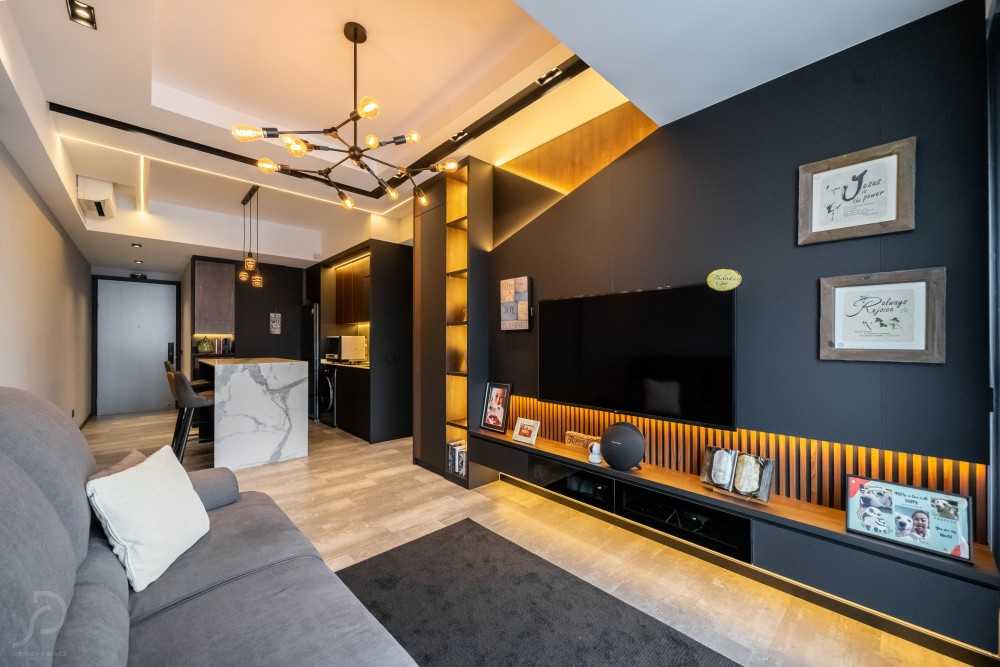 Modern Living Room with TV Console and Drop Ceiling