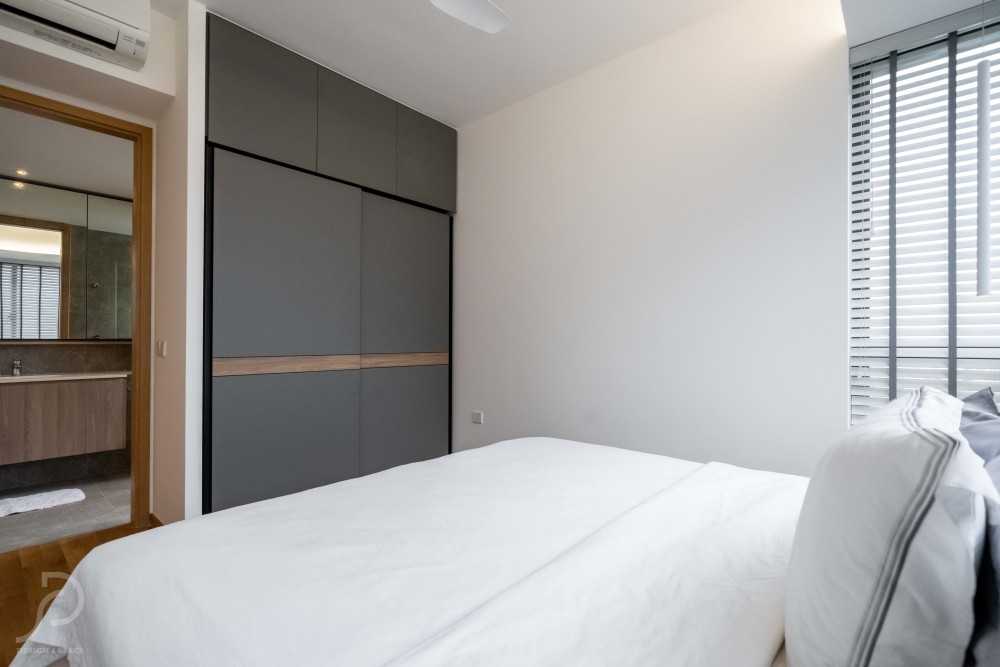 Modern Bedroom with Wood Flooring and Built-in Bed
