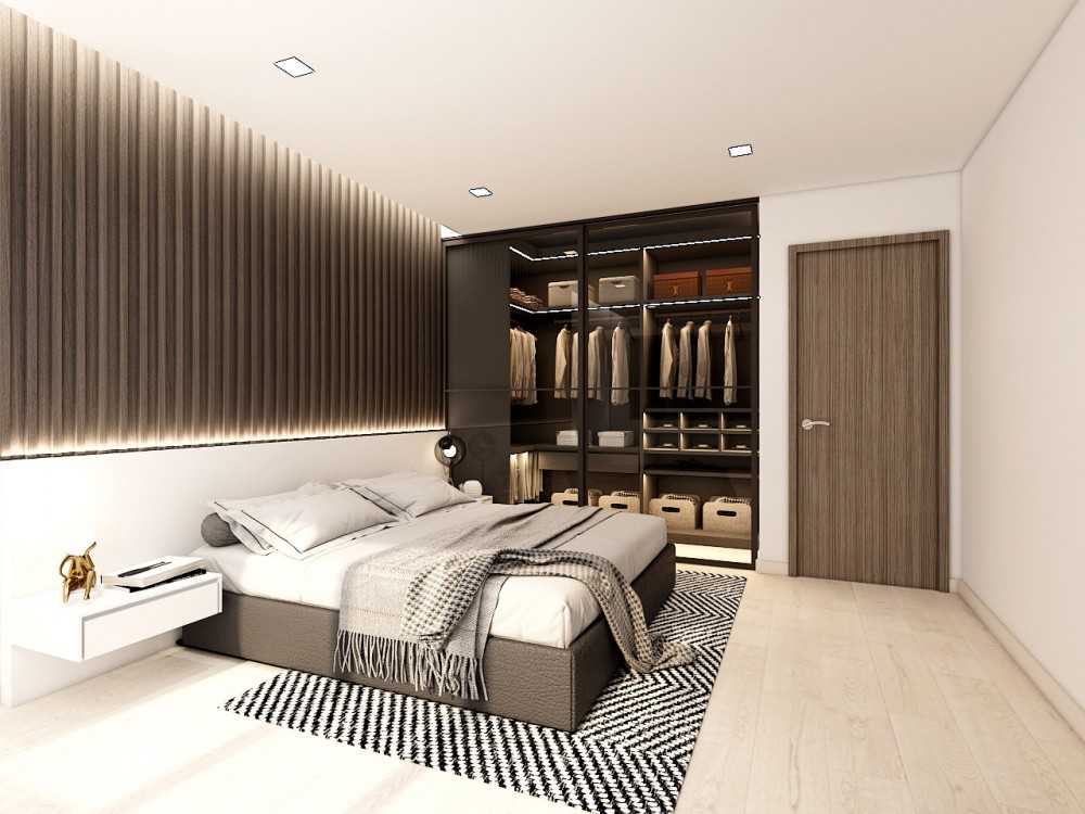 Modern Bedroom with Drop Ceiling and Ceiling Light