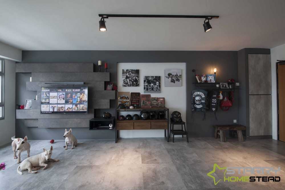 Eclectic Living Room with Feature Wall and Storage Cabinets