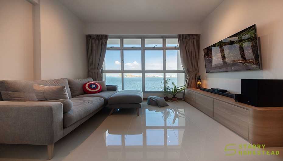 Scandinavian Living Room with TV Console and Drop Ceiling