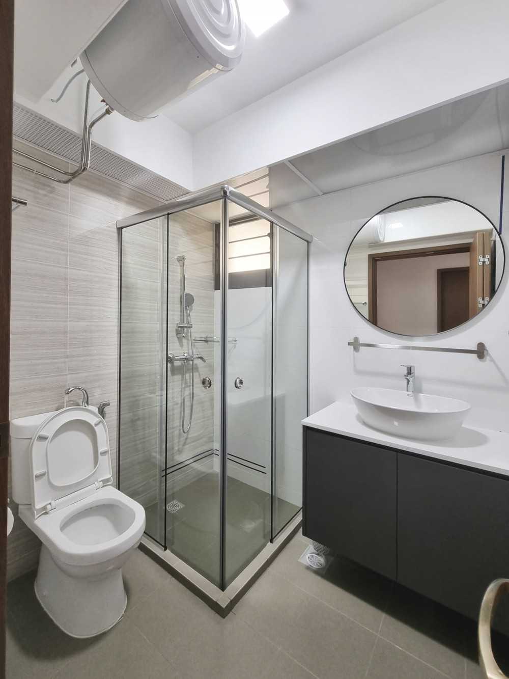 Scandinavian Bathroom with Shower Screen and Bathroom Storage