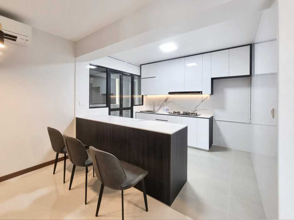 Scandinavian Dining Room with Kitchen Window and Dining Table
