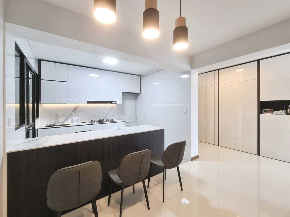 Scandinavian Dining Room with Dining Table and Storage Cabinets